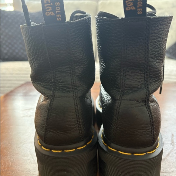 Dr. Martens Black Leather Platform Combat Boots with Yellow Stitching - Picture 4 of 7